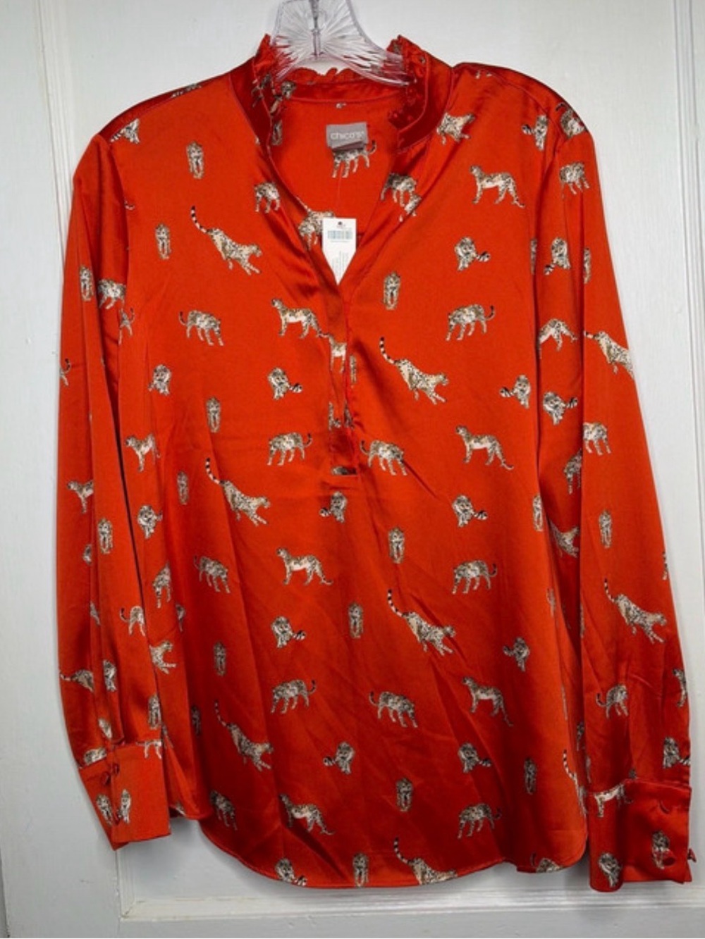 Chico's 1 Size Medium Orange Satin Tiger-Big Cat Print Blouse Top NWT